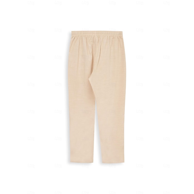 Men's Linen Pants Trousers Summer Pants Drawstring Elastic Waist Plain ...