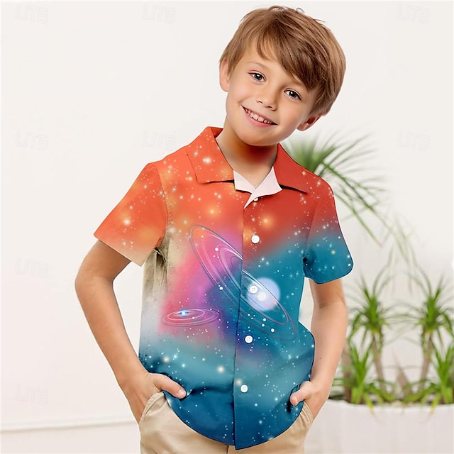  Мальчики 3D Галактика Рубашки С короткими рукавами 3D печать Лето Спорт Мода Уличный стиль Полиэстер Дети 3-12 лет Лацкан на открытом воздухе Повседневные Стандартный
