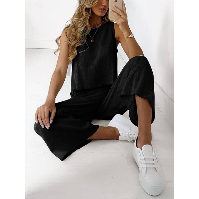  Damen Pyjama Loungewear Zweiteiler lässig reine Farbe Baumwolle Leinen Sets Hose Home ärmellos Rundhalsausschnitt schwarz weiß braun khaki hellgrau Sommer Frühling