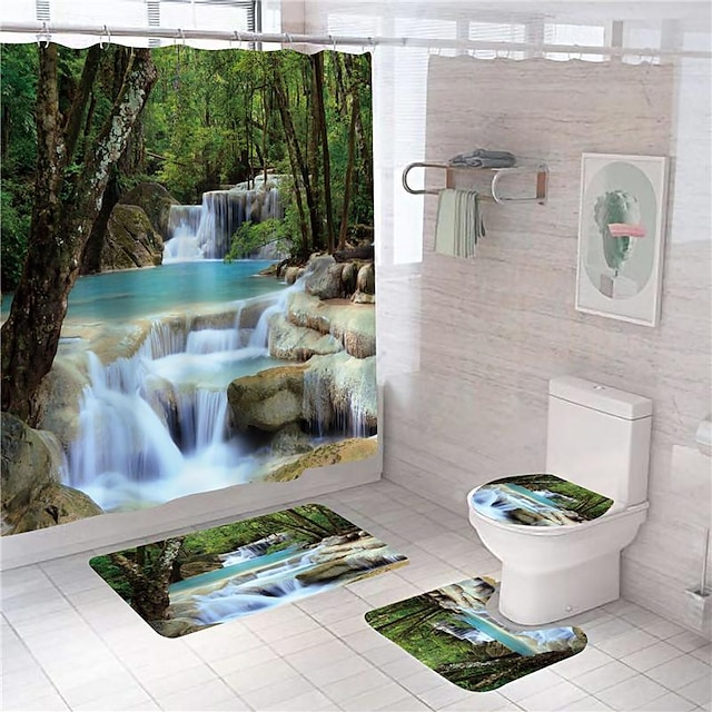  4pcs Nature Forest Shower Curtain Set Bridge Bathroom Sets With Shower Curtain And Rugs Waterproof Shower Curtain Non-Slip Rug Toilet Lid Bathroom Mat And 12 Plastic Hooks Bathroom Accessories