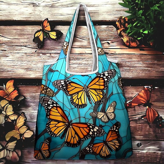  Women's Tote Shoulder Bag Hobo Bag Polyester Shopping Daily Holiday Print Large Capacity Foldable Lightweight Butterfly Blue Green Rose Pink