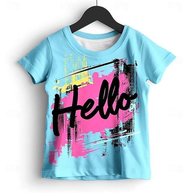  Pige 3D Bogstaver T-shirt Skjorter Kortærmet 3D-udskrivning Sommer Aktiv Mode Sød Stil Polyester Børn 3-12 år Rund hals udendørs Afslappet Daglig Regulær