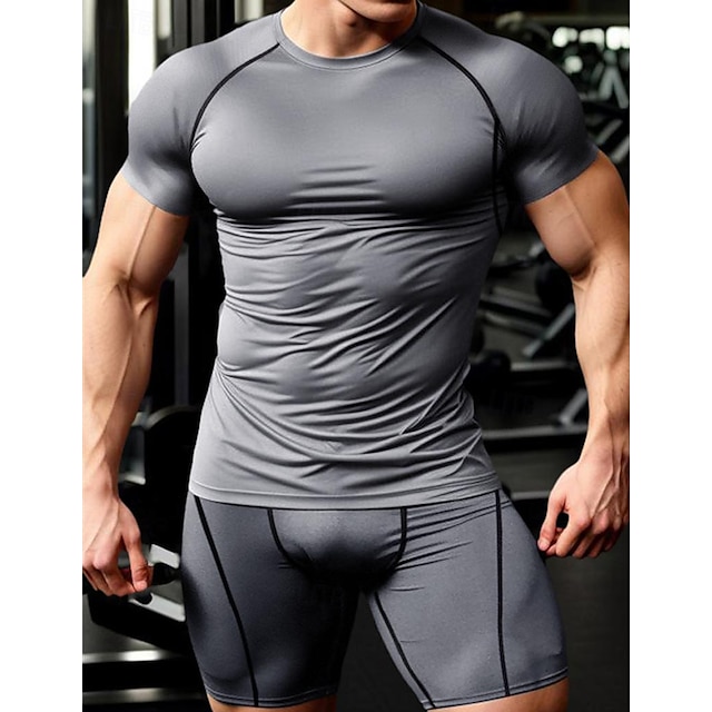  Men's Compression Tops Shorts and T Shirt Set Sports T-Shirt Crew Neck Short Sleeve Outdoor Daily Running Gym Fast Dry Breathable 2 Piece Plain Black White Activewear Sport Casual