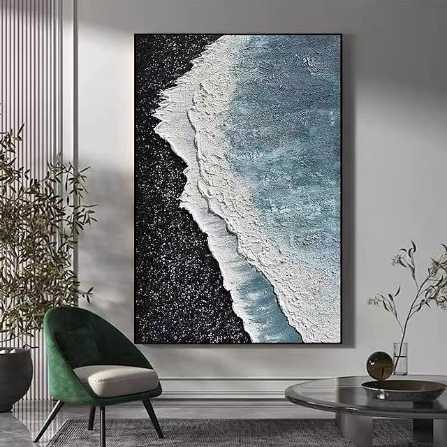  håndmalet strand sort hvid blå bølger abstrakt vægkunst tyk teksturerede detaljer tungt penselstrøg ekstra stort minimalistisk maleri boligindretning strakt ramme klar til at hænge