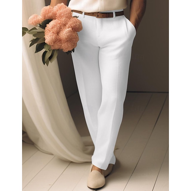  40% linnen Voor heren Linnen broek Broek Zomerbroek Zak Recht been Effen Ademend Comfortabel Kantoor / Formeel Dagelijks Vakantie Klassiek Casual Zwart Wit