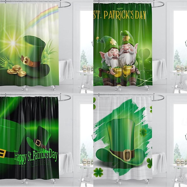  St. Patrick's Day 4 Pcs Shower Curtain Set Bathroom Sets Modern Home Bathroom Decor with Bath Mat U Shape and Toilet Lid Cover Mat and 12 Hooks