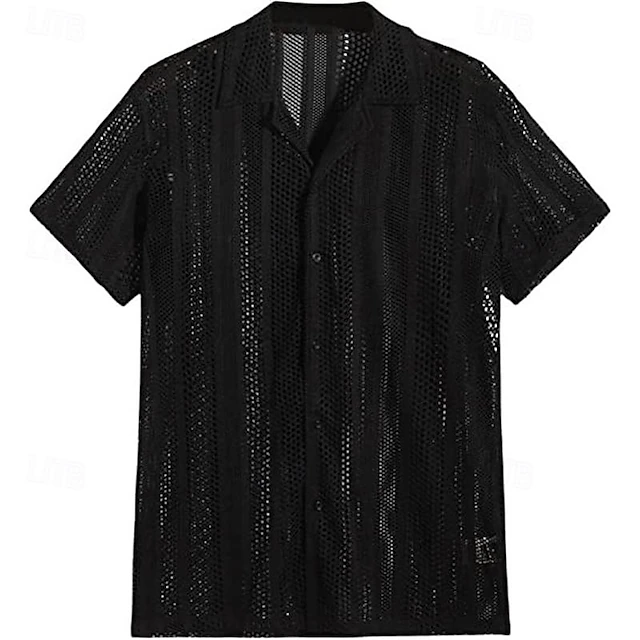 Men's Shirt Summer Shirt Casual Shirt Beach Shirt Button Up Shirt Black White Short Sleeve Plain Turndown Vacation Holiday Hole Clothing Apparel Polyester Fashion Casual Comfortable 5