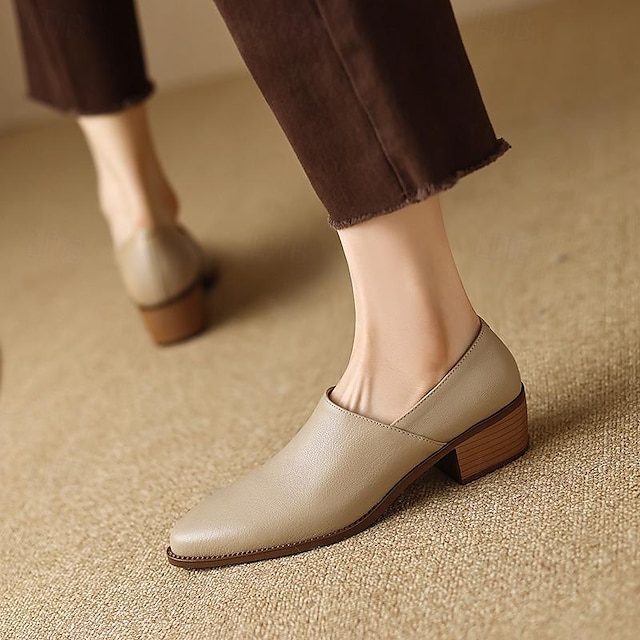  Women's Slip-Ons Loafer Mules Outdoor Office Daily Flat Heel Pointed Toe Casual Comfort Microbial Leather Loafer Almond Black