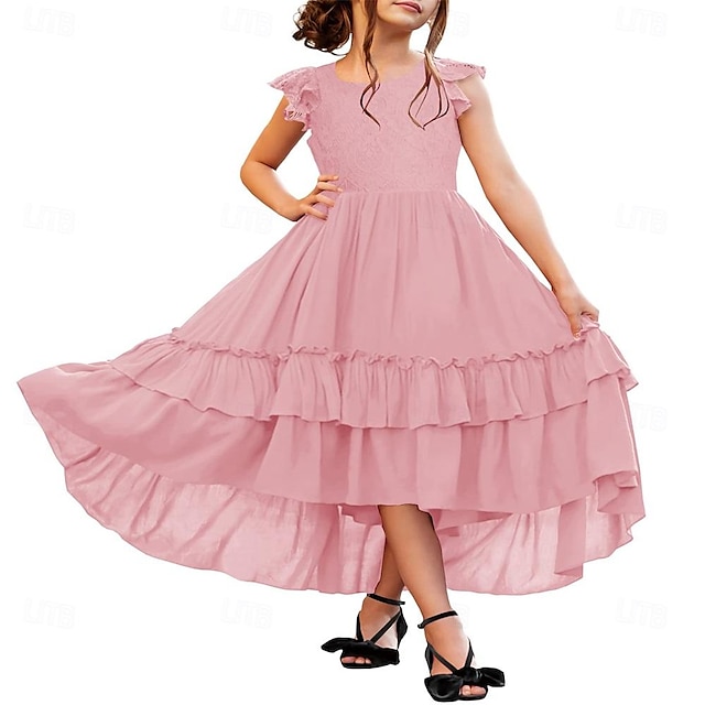  Girls Lace Boho Flower Girl Dress Ruffle Sleeve A-Line Formal Dresses for Wedding Party 6-12 Years