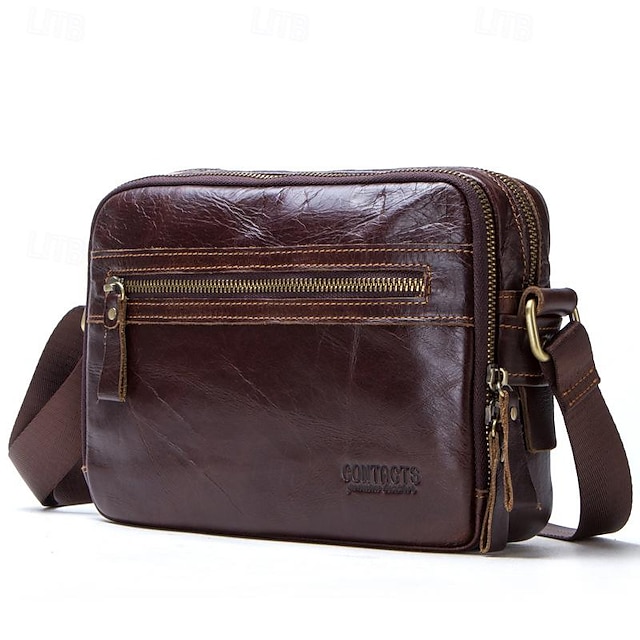  Men's Crossbody Bag Messenger Bag Leather Cowhide Office Daily Holiday Zipper Large Capacity Waterproof Durable Solid Color Brown