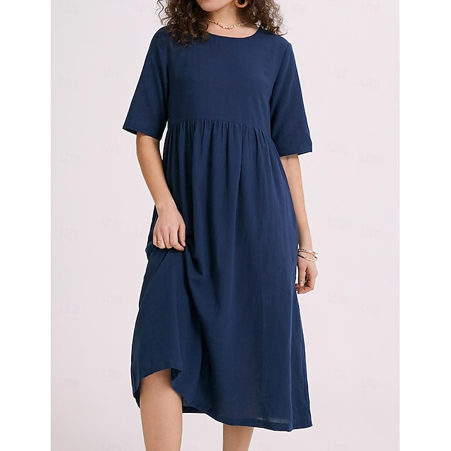  Women's A Line Dress Maxi Dress Cotton Linen Pocket Smocked Basic Casual Daily Crew Neck Half Sleeve Summer Light Blue Black