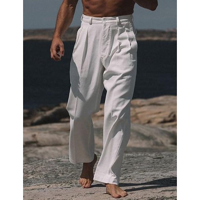  男性用 リネンパンツ ズボン サマーパンツ ボタン フロントポケット まっすぐな足 平織り 履き心地よい 高通気性 カジュアル 日常 祝日 リネン／コットン混紡 ファッション ベーシック ホワイト ベージュ