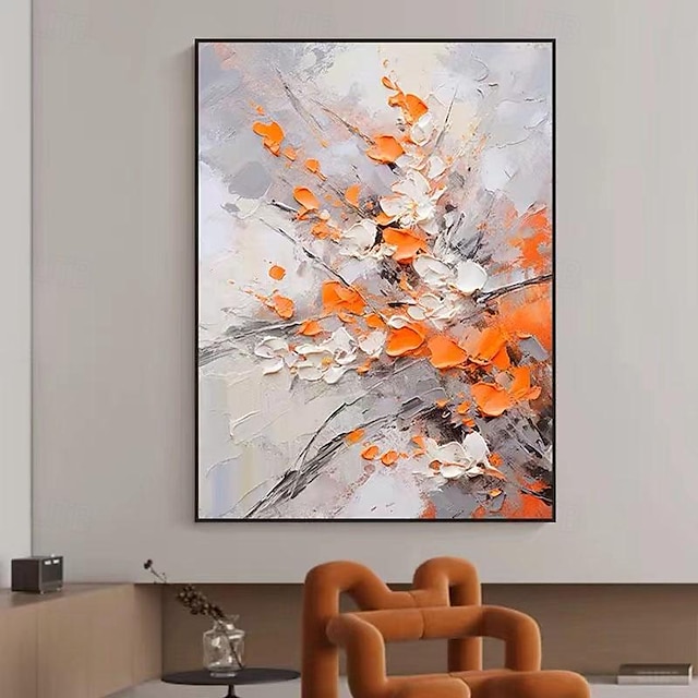  Handgefertigtes Ölgemälde in Orange und Weiß, handgemalt, vertikale abstrakte Blume, moderne, dicke Messergemälde auf gerollter Leinwand (kein Rahmen)