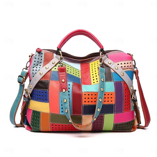  Women's Handbag Tote Messenger Bag Cowhide Daily Holiday Zipper Color Block Contrast Color Nude Rainbow