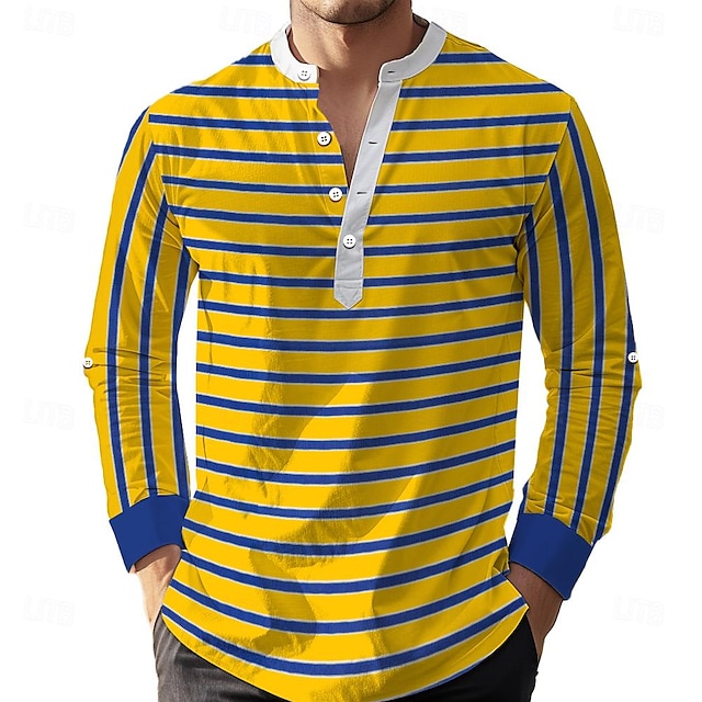  Striped Resort Men's Shirt Linen Shirt Daily Wear Vacation Going out Summer Spring &  Fall Stand Collar Long Sleeve Yellow S, M, L Slub Fabric Shirt