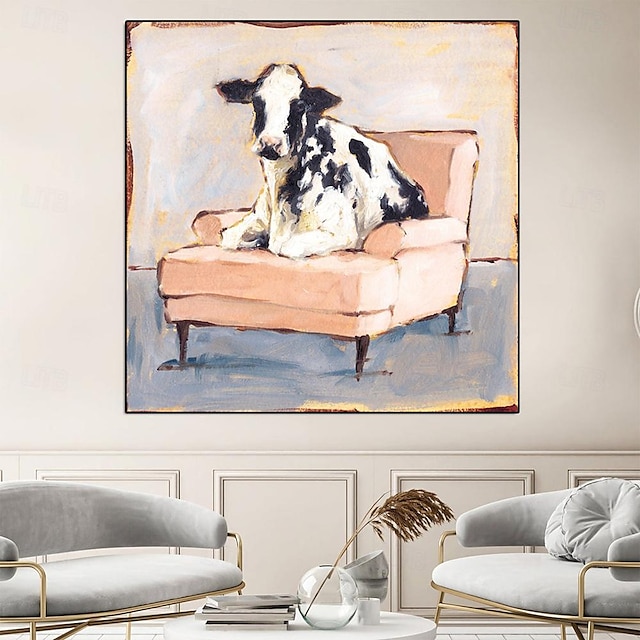  Handgefertigtes Gemälde einer Kuh, die auf einem Sofa sitzt. Handgefertigtes, abstraktes Kuh-Ölgemälde, einzigartiges Kunstwerk, lebendiges Tier-Leinwandgemälde, Wandkunst, Kuhgemälde für Wohnzimmer,