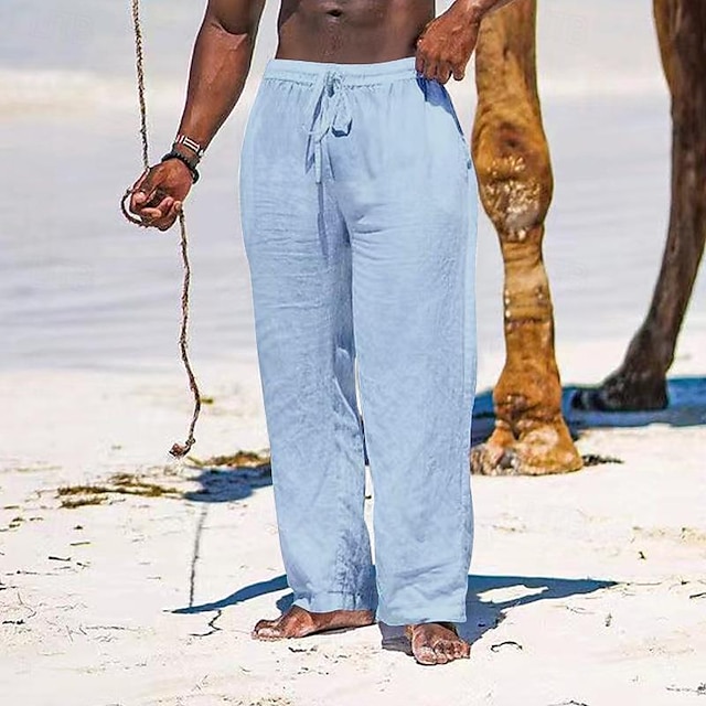  Men's Linen Pants Trousers Summer Pants Beach Pants Pocket Drawstring Elastic Waist Plain Comfort Breathable Daily Holiday Vacation Hawaiian Boho Black White