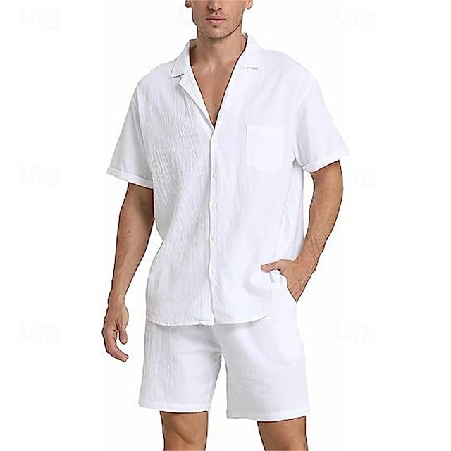  Voor heren Overhemd linnen overhemd Katoenen linnen overhemd Wit katoenen overhemd Overhemdset Zomer overhemd Effen Feestdagen Alledaagse kleding Zwart Wit Khaki Leger Groen Korte mouw Kamp kraag