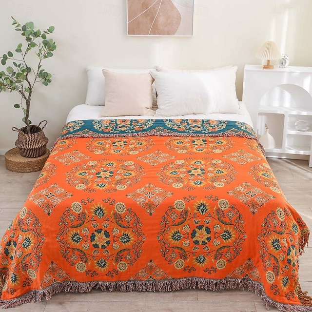  1pc Boho Throw Blanket Orange Throw Blanket Queen Size Towel Quilt Soft Throw Blanket For Couch Sofa Bed Reversible Bohemian Decor For Living Room Bed Room