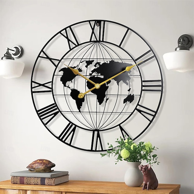  grande carte du monde horloge murale en métal minimaliste moderne horloge ronde silencieuse sans tic-tac à piles horloges murales pour salon maison cuisine chambre bureau école décor