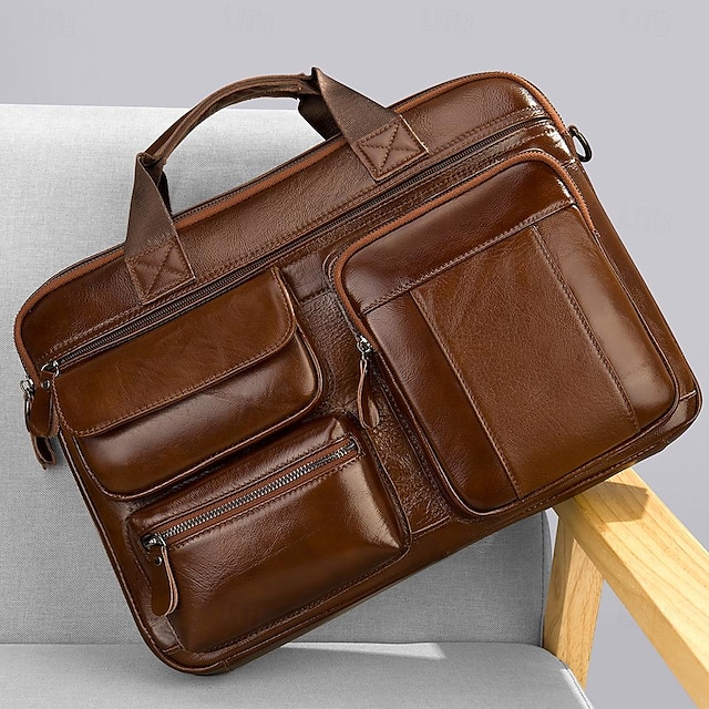  Maleta de couro genuíno masculina, bolsa de trabalho adequada para viagens de negócios com bolso para computador de 14 polegadas