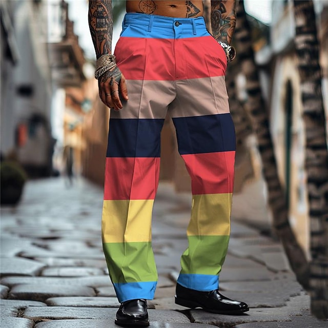  colorido vacaciones x diseñador kris pantalones de vestir con bloques de color para hombre pantalones elásticos de cintura