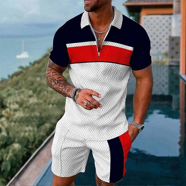 Men's Quarter Zip Polo Golf Shirt Daily Holiday Quarter Zip Short Sleeve Fashion Basic Color Block 2 Piece Spring & Summer Regular Fit White Red Quarter Zip Polo3