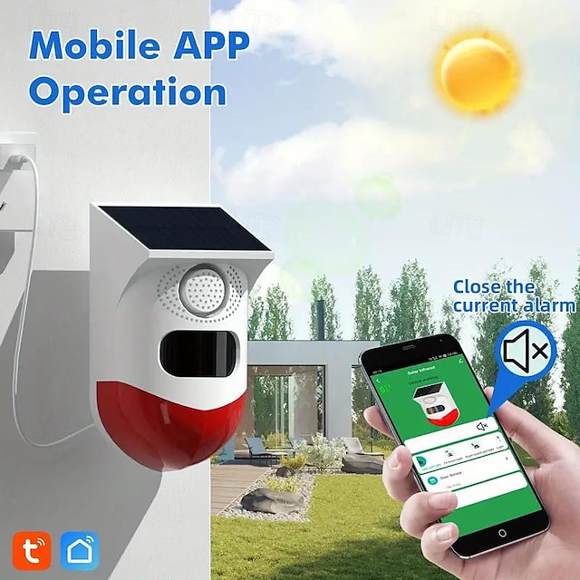  Lumière d'alarme stroboscopique solaire avec détection de mouvement - Sirène 120dB 7 modes télécommande et notification APP en temps réel pour la maison la ferme la villa le jardin
