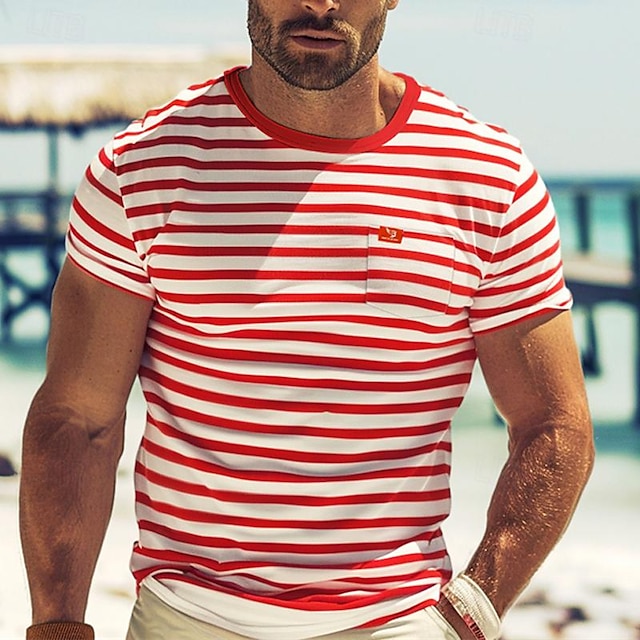  Per uomo maglietta T-shirt A strisce Girocollo Strada Da mare Maniche corte Tasca frontale Abbigliamento Di tendenza Originale Essenziale Stile da spiaggia
