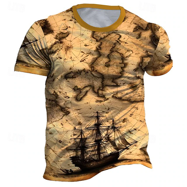 Men's Graphic Map Sailboat T Shirt Short Sleeve T shirt 3D Print Crew Neck Shirt Daily Designer Retro Vintage Sports Outdoor Holiday Going out Blue Brown Green Spring & Summer Clothing Apparel S M L 9