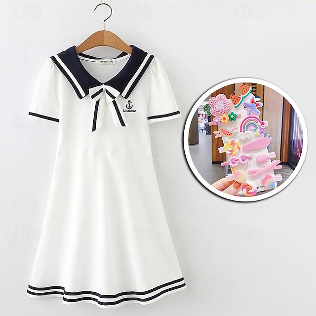  Kids Girls' Dress Solid Color Short Sleeve Casual Cute Adorable Cotton Knee-length Summer Dress Summer Spring 3-13 Years White Royal Blue With Cute Cartoon Hairpins