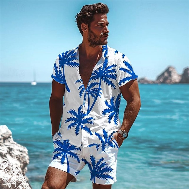  Palme Urlaub Hawaiianisch Herren Hemd Outdoor Hawaiianisch Festtage Sommer Umlegekragen Kurzarm Schwarz Blau S M L Hemd