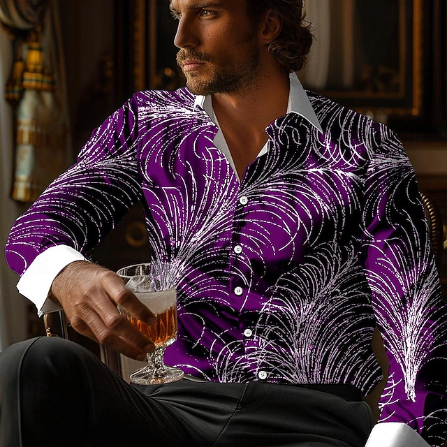 Men's Linear Button Up Shirt Printed Shirts Long Sleeve Business Casual Vacation Party Street Fall Spring & Summer Turndown Print Button-Down Violet Dark Blue 5