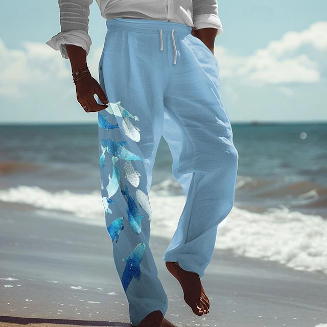 Men's Animal Dolphin Linen Pants Pants Trousers Baggy Pants Medium Waist Vacation Hawaiian Outdoor Vacation Hawaiian Elastic Drawstring Design Spring & Summer White Blue 9