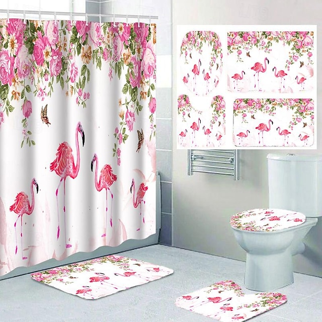  4 pçs conjunto de cortina de chuveiro conjuntos de banheiro moderna decoração de casa de banho com tapete de banho em forma de u e tampa de vaso sanitário e 12 ganchos