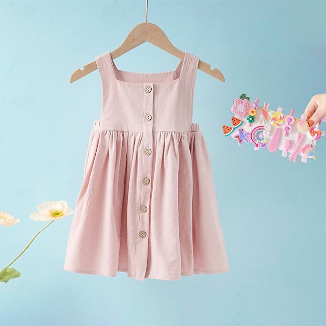  Summer Girls' Dress,  Solid Color Pleated Sleeveless Cotton Children's Princess Dress With Cute Cartoon Hairpins