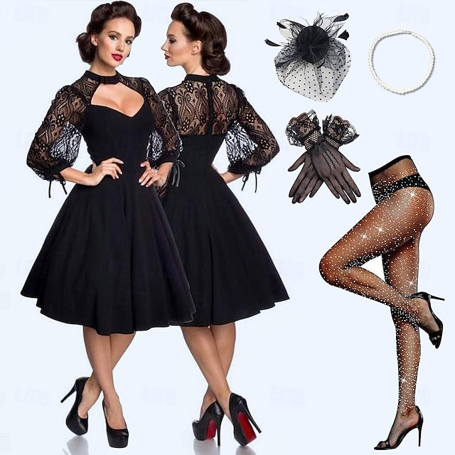  Set with Retro Vintage 1950s Rockabilly Dress A-Line Dress Swing Dress Sexy Back Seam High Waist Tights Sparkle Headpiece Party Costume Fascinator Hat Gloves 3 PCS Women Event Party Date Vacation
