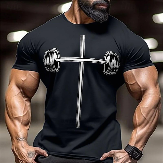 Men's Black Graphic T-Shirt Barbell Cross Gym Workout Short Sleeve Tee 10