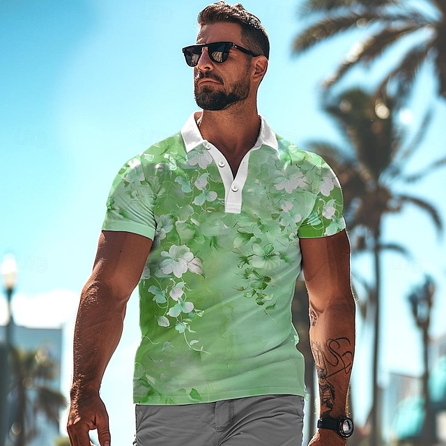  Floral Men's Casual 3D Print Golf Polo Outdoor Daily Wear Streetwear Milk Fiber Short Sleeve Turndown Polo Shirts Orange Green Spring & Summer S M L Micro-elastic Lapel Polo
