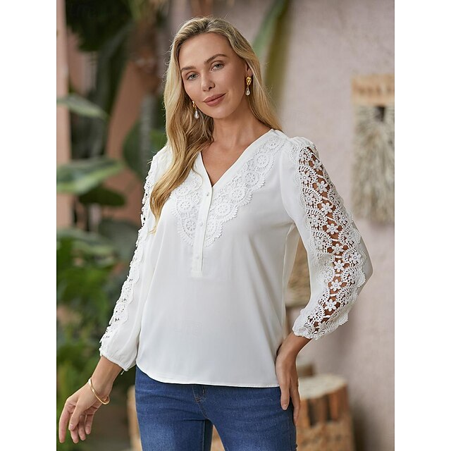 Women's Lace Shirt Shirt Blouse White Eyelet Tops Floral Graphic ...