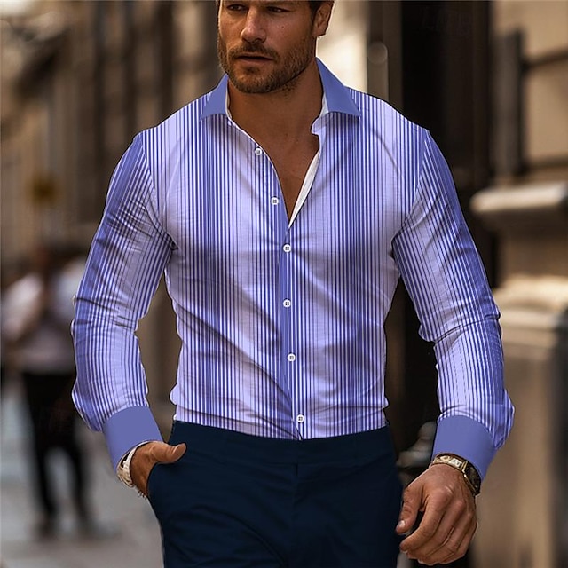  Striped Men's Business Casual 3D Printed Shirt Street Wear to work Daily Wear Spring & Summer Turndown Long Sleeve Purple Orange S M L 4-Way Stretch Fabric Shirt