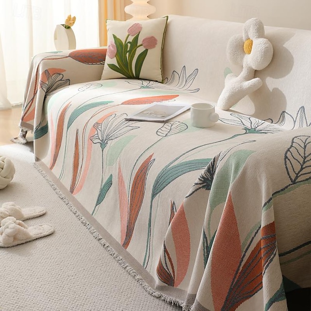  täcke för soffa och säng, mjukt mysigt sofföverdrag chenillefilt med tofs, dekorativa filtar och plädar, lövgarnfärgad filt för möbelskydd