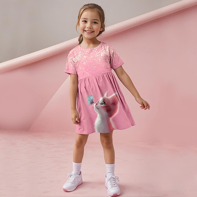  Dziewczyny ' 3D Kot Sukienka Różowy Krótki rękaw Druk 3D Lato Śłodkie Słodkie Dzieci 3-12 lat Codzienne sukienki Do kolan Poliester Regularny