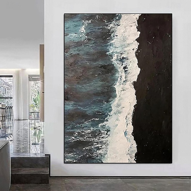 oversize abstraktní nůž 3d malba vlnou ručně malovaná černá bílá mořská olejomalba domácí nástěnné umění ručně malovaná vlna malba pro obývací pokoj hotelová výzdoba umění