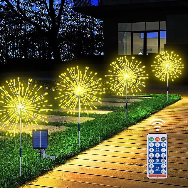 Paquet de 4 feux d'artifice à énergie solaire lumière extérieure télécommande lampe de jardin solaire lampe de pelouse solaire étanche 8 modes villa arrière-cour cour pelouse passerelle décoration