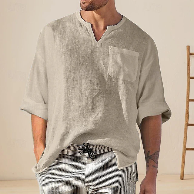 Men's Shirt Linen Shirt Cotton Linen Shirt Casual Shirt Plain Hawaiian Holiday Black Blue Khaki Gray Long Sleeve V Neck Spring & Fall Clothing Apparel Sexy 13