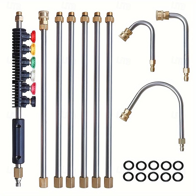  10 pieces/set Car Pressure Washer Extension Pole 1/4 Inch Quick Connect Electric Washer Spray Gun with 6 Nozzle Heads 3090120 Gutter Cleaning Bend Pole 4000PSI Car Accessories