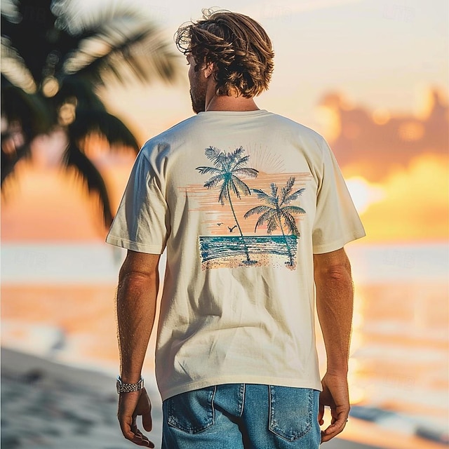  herre grafisk t-shirt kokostræ mode udendørs afslappet t-shirt top street afslappet daglig t-shirt beige kortærmet skjorte med rund hals forår og sommer beklædning