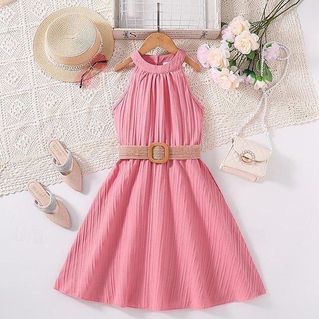  Kids Girls' Dress Solid Color Sleeveless Formal Performance Party Fashion Cute Polyester Cotton Blend Summer Spring 2-13 Years Pink