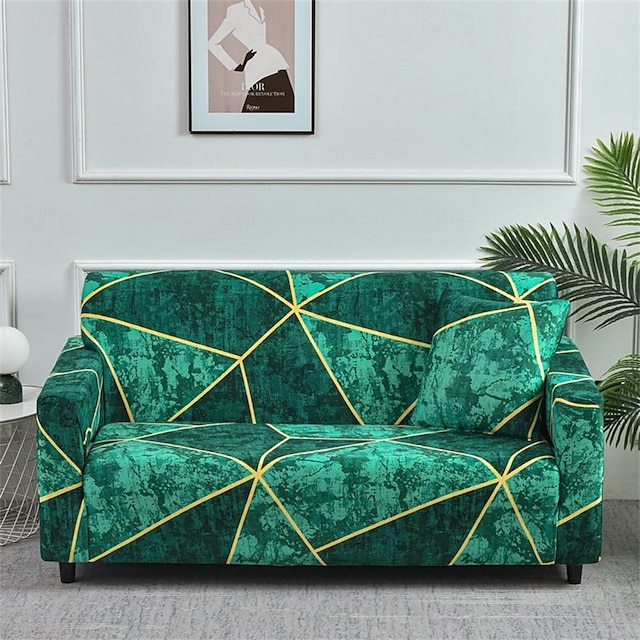  Sofa Cover with Emerald Green Linear Style Polyester Fiber Rectangular Super Elastic Pet Hair Proof Sofa Cover Washable for Living Room and Household Use
